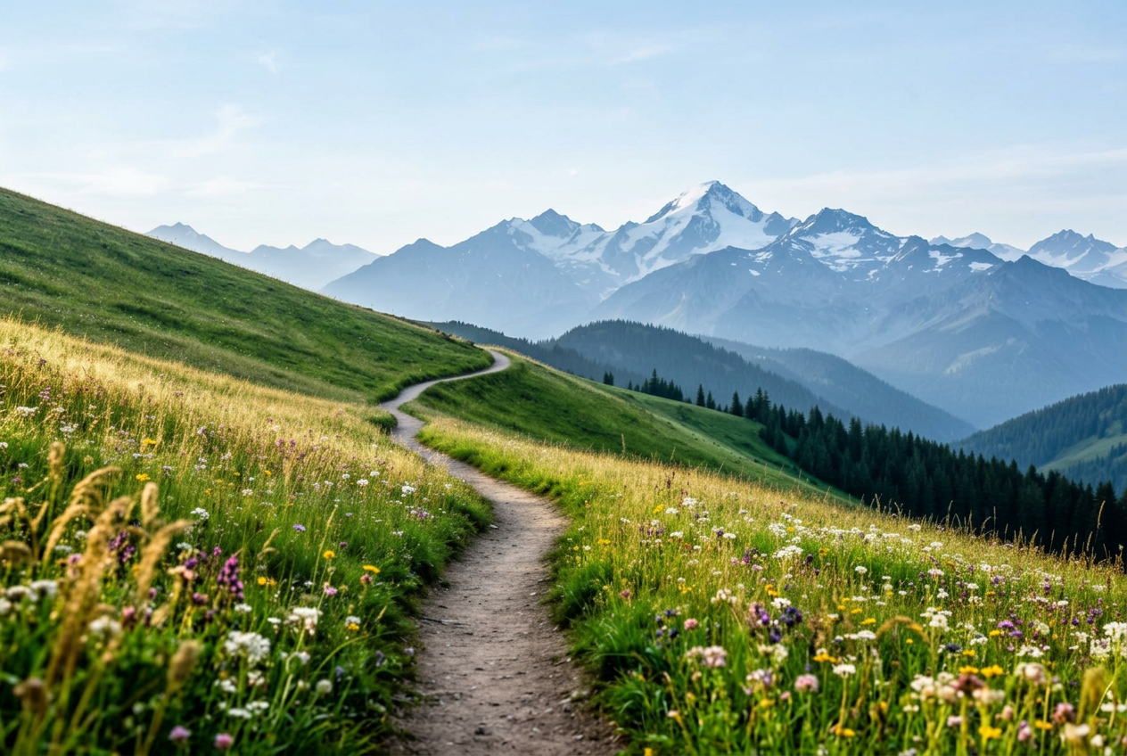 Mountain trail winding through pine forest