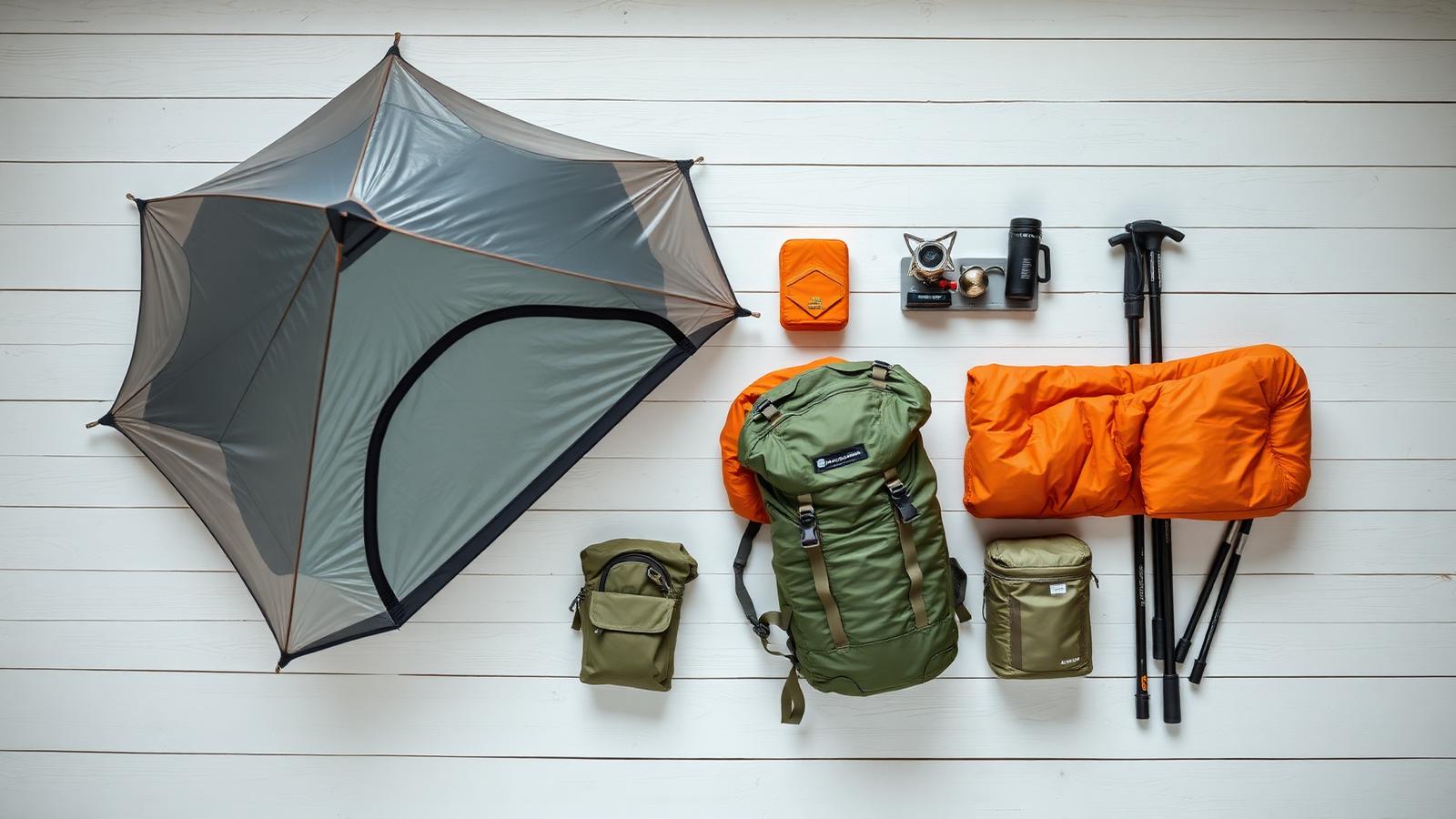 Ultralight backpacking gear laid out: tent, quilt, frameless pack, titanium stove, trekking poles